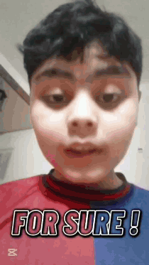 A Young Boy Wearing A Red And Blue Shirt Is Making A Funny Face . GIF