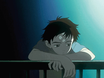A Young Boy With A Bandage On His Forehead Leans Over A Railing GIF