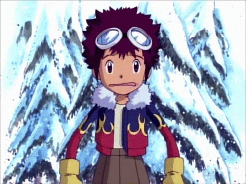 A Young Boy With A Purple Hair And Goggles Stands In Front Of A Snowy Mountain GIF
