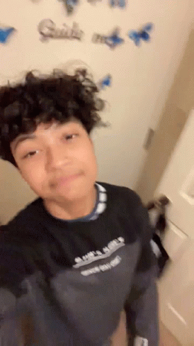 A Young Boy With Curly Hair Is Taking A Selfie In Front Of A Wall With Butterflies On It . GIF