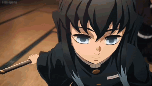 A Young Boy With Long Black Hair Is Holding A Sword In His Hand . GIF