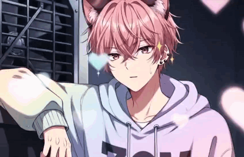 A Young Boy With Pink Hair And Cat Ears Is Wearing A Hoodie And Earrings . GIF