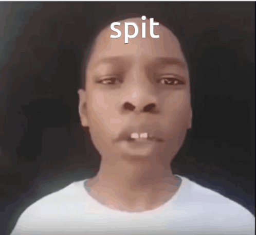 A Young Boy With The Word Spit Written Above His Head GIF