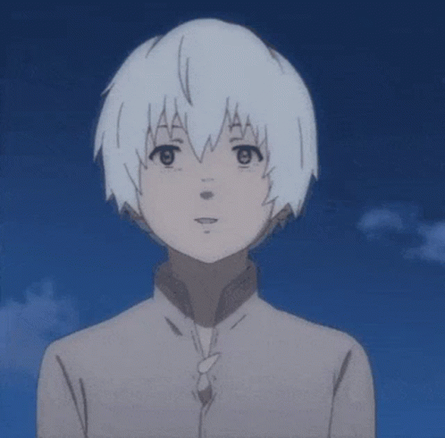 A Young Boy With White Hair And A Blue Sky In The Background GIF