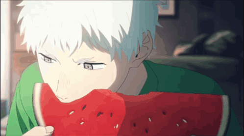 A Young Boy With White Hair Is Eating A Slice Of Watermelon GIF