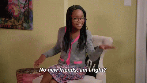 A Young Girl Is Sitting In A Chair And Saying No New Friends Am I Right ? GIF