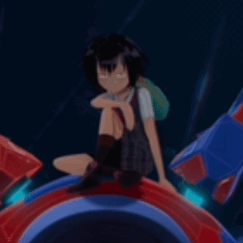 A Young Girl Is Sitting On Top Of A Red And Blue Object . GIF