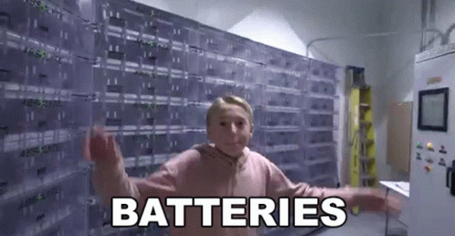A Young Girl Is Standing In Front Of A Wall Of Batteries And Saying `` Batteries '' . GIF