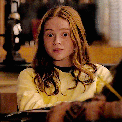 A Young Girl With Long Red Hair Is Wearing A Yellow Sweater And Looking At The Camera . GIF