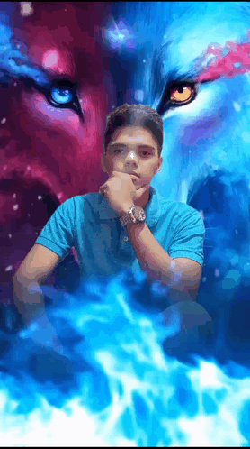 A Young Man In A Blue Shirt Stands In Front Of A Painting Of A Wolf 'S Face GIF