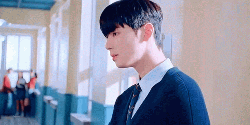 A Young Man In A Blue Sweater And Tie Is Standing In A Hallway . GIF