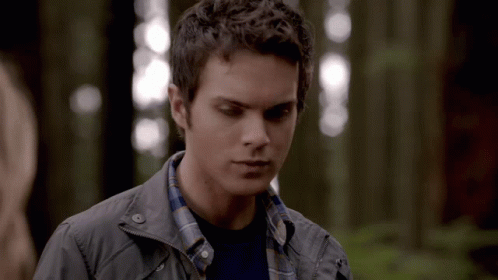 Young Man In Plaid Shirt And Grey Jacket In Woods GIF