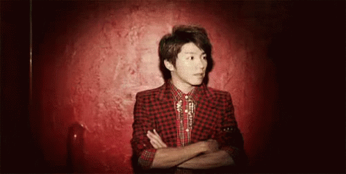 A Young Man In A Red Plaid Jacket And Tie Is Standing In Front Of A Red Wall With His Arms Crossed . GIF