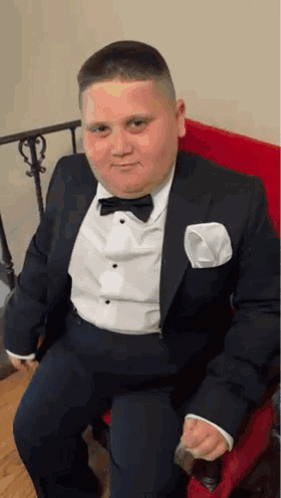 A Young Man In A Suit And Bow Tie Is Sitting In A Chair . GIF