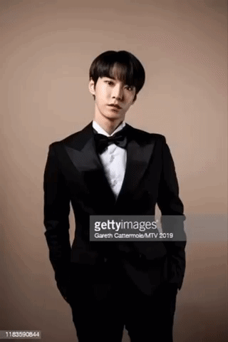 A Young Man In A Tuxedo And Bow Tie Is Posing For A Portrait . GIF