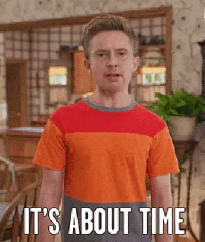 A Young Man In An Orange And Red Striped Shirt Says It 'S About Time . GIF