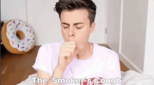 A Young Man Is Coughing With The Words The Smoker 'S Cough Behind Him . GIF