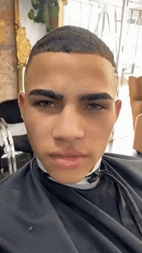 A Young Man Is Getting His Hair Cut By A Barber In A Salon . GIF