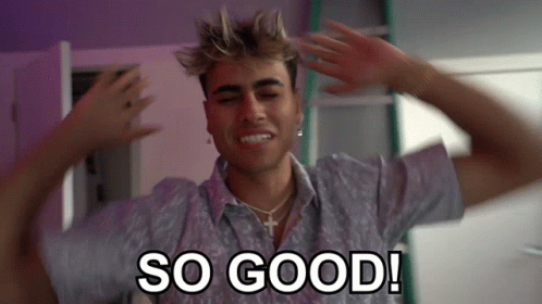 A Young Man Is Making A Funny Face With His Hands On His Head And The Words `` So Good '' Written Above Him . GIF