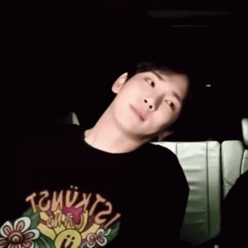 A Young Man Is Sitting In A Car Wearing A Black T-Shirt With A Flower On It . GIF