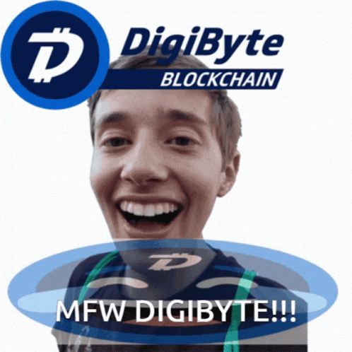 A Young Man Is Smiling In Front Of A Digibyte Blockchain Logo GIF