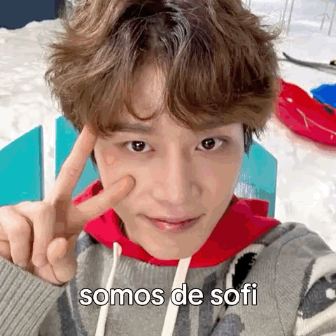 A Young Man Is Taking A Selfie In The Snow And Making A Peace Sign With His Finger . GIF