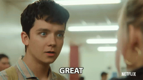 A Young Man Is Talking To A Woman And The Word Great Is On His Face GIF