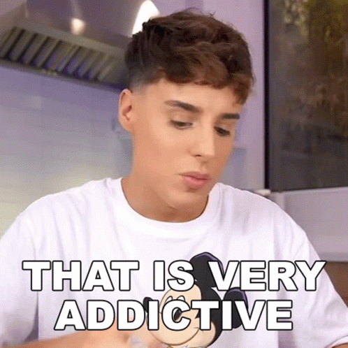 A Young Man Is Wearing A White Shirt That Says " That Is Very Addictive " GIF