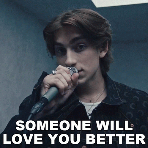 A Young Man Singing Into A Microphone With The Words " Someone Will Love You Better " Below Him GIF