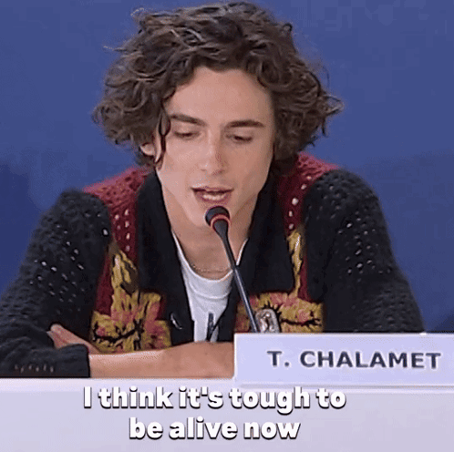 A Young Man Sitting At A Table With A Microphone And A Sign That Says T. Chalamet On It GIF