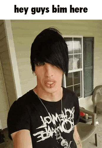 A Young Man Wearing A Black Shirt With The Words Hey Guys Bim Here On The Bottom GIF