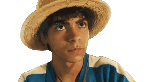 a young man wearing a straw hat and a blue shirt is looking up