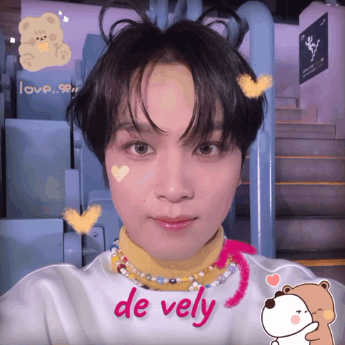 A Young Man Wearing A Sweater With The Word De Vely Written On It GIF