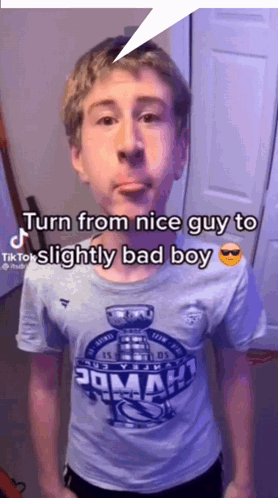 Young Man Wearing Turn From Nice Guy To Slightly Bad Boy T-Shirt GIF