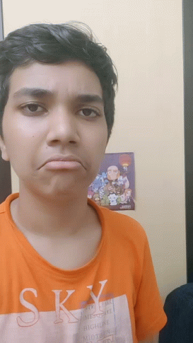 A Young Man Wearing An Orange Shirt That Says Sky GIF