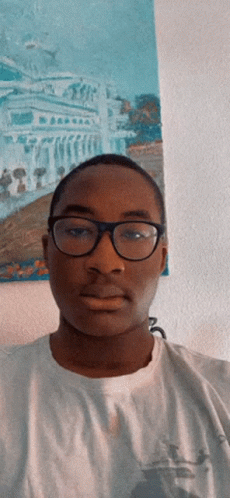 a young man wearing glasses and a white shirt stands in front of a painting