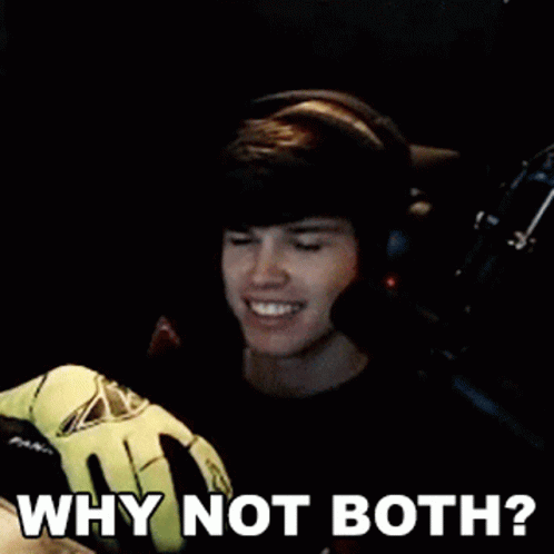 A Young Man Wearing Headphones And Gloves Is Smiling And Asking Why Not Both ? GIF