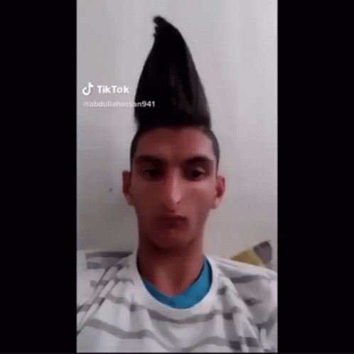 A Young Man With A Mohawk Hairstyle Is Wearing A Striped Shirt And Looking At The Camera . GIF