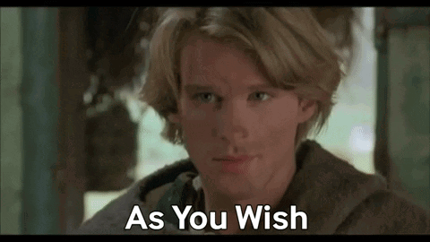 A Young Man With Blonde Hair Is Looking At The Camera With The Words `` As You Wish '' Written Below Him . GIF