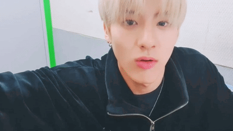 A Young Man With Blonde Hair Is Taking A Selfie While Wearing A Black Jacket And Necklace . GIF