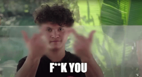 A Young Man With Curly Hair Is Giving The Middle Finger And The Words F * K You Are Behind Him . GIF