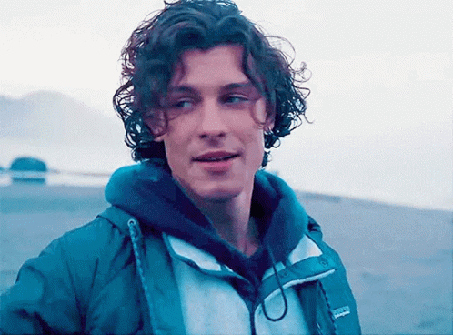 A Young Man With Curly Hair Wearing A Blue Jacket And A Hoodie Is Standing On A Beach . GIF