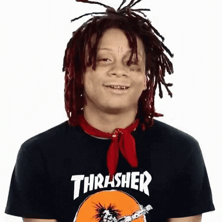 A Young Man With Dreadlocks Is Wearing A Thrasher Shirt And A Red Scarf Around His Neck . GIF