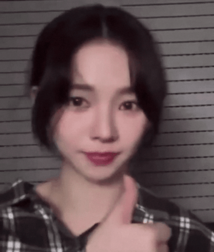 A Young Woman Is Giving A Thumbs Up Sign While Wearing A Plaid Shirt . GIF