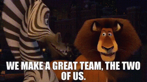A Zebra And A Lion Are Standing Next To Each Other With The Words " We Make A Great Team The Two Of Us " GIF
