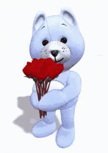 Adorable Teddy Bear Giving Flowers GIF
