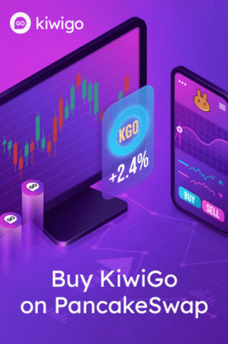 Advertisement for Kiwigo on PancakeSwap With Monitor and Phone