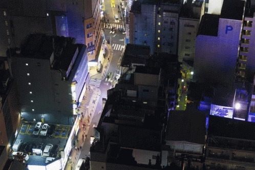 Aerial View City Night Building Says P