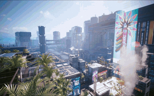 Aerial View of City with Gothic Billboard