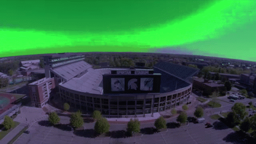 Aerial View of Spartan Stadium With Green Sky
